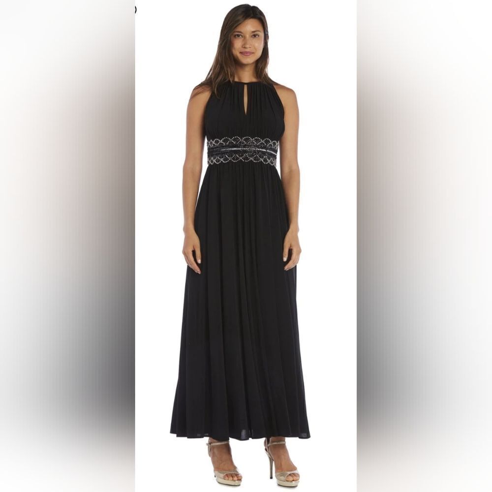 Elegant Black Sleeveless Empire Waist Maxi Dress - Stunning Beaded Detail Sz 16